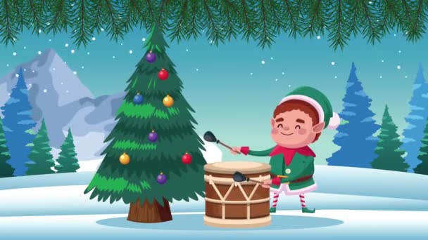 Happy merry kartu natal dengan elf bermain drum — Stok Video