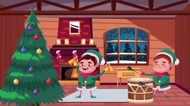 Joyeuse carte de Noël avec des elfes jouant des instruments — Video