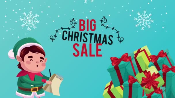 Feliz feliz tarjeta de la venta de Navidad con elfo y regalos — Vídeo de stock