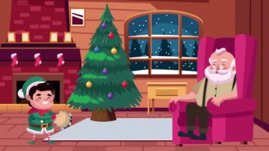 Kanepede oturan Noel Baba ve Elf karakterli mutlu noel kartları.
