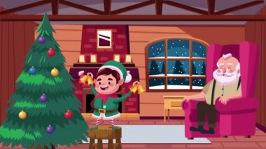 Mutlu noel kartları Kanepede oturan noel baba ve elf