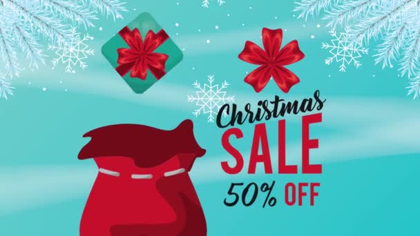 Happy merry christmas sale card with bag and flowers — Stock Video