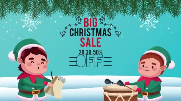 Buon Natale biglietto di vendita con elfi che suonano strumenti nel paesaggio innevato — Video Stock