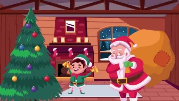 Glad god jul kort med tomte klo och alv dekorera tall — Stockvideo