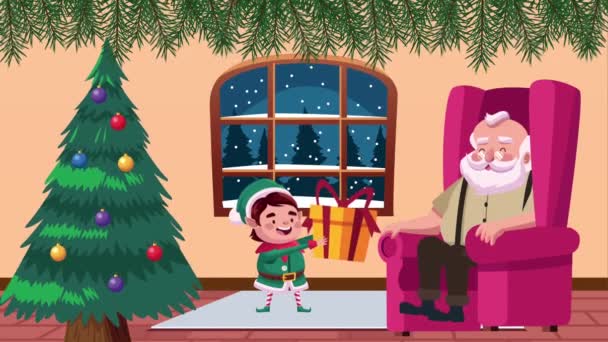 Glad god jul kort med Santa claus sittande i soffan och nisse scenen — Stockvideo