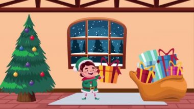 Mutlu noel kartları Elf ve çam ağacıyla