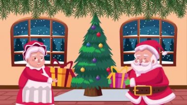 Mutlu noel kartları, Noel Baba çifti ve ağaçla