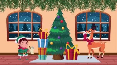Mutlu noel kartları Elf ve geyiklerle dolu evde