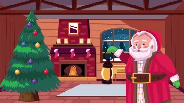 Gelukkige kerstkaart met kerstman en boom in huis — Stockvideo