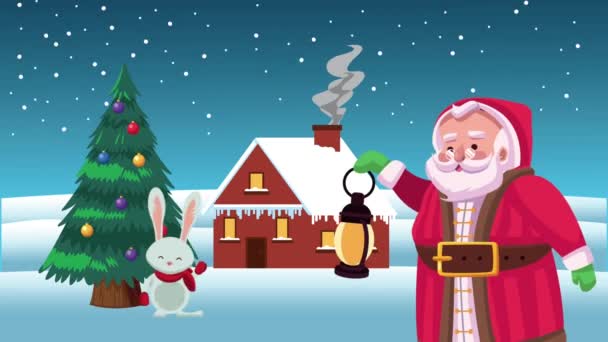 Feliz cartão de Natal alegre com Papai Noel e coelho — Vídeo de Stock