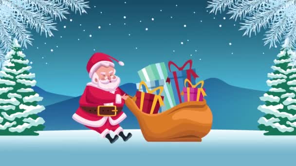 Joyeuse carte de Noël avec santa claus et cadeaux dans le paysage de neige — Video