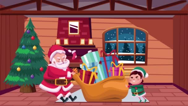 Feliz cartão de Natal alegre com Papai Noel e elfo na casa — Vídeo de Stock