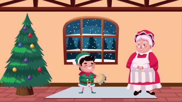 Gelukkig vrolijk kerstkaart met santa vrouw en elf — Stockvideo