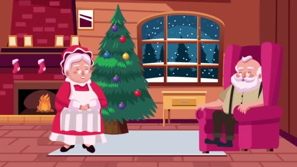 Счастливая рождественская открытка с семейной парой Санты в гостиной — стоковое видео