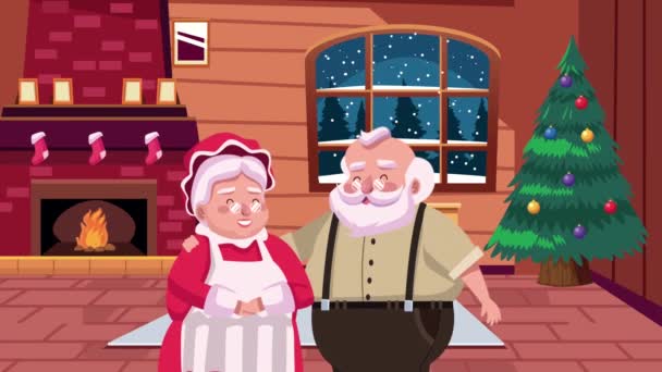 Glad god jul kort med familj Tomte par och tall i huset — Stockvideo