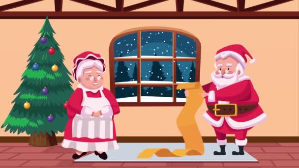 Feliz feliz tarjeta de Navidad con la familia santa pareja leyendo lista de regalos — Vídeos de Stock