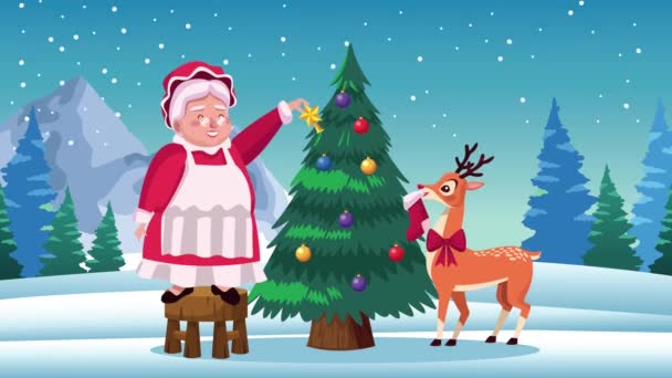 Feliz feliz tarjeta de Navidad con Santa esposa y ciervos — Vídeos de Stock
