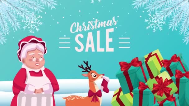Glad god jul försäljning kort med Santa fru och rådjur — Stockvideo