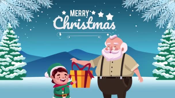 Feliz cartão de Natal alegre com Papai Noel e elfo na neve — Vídeo de Stock