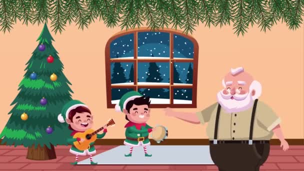 Feliz tarjeta de navidad feliz con santa claus y elfos en la casa — Vídeos de Stock