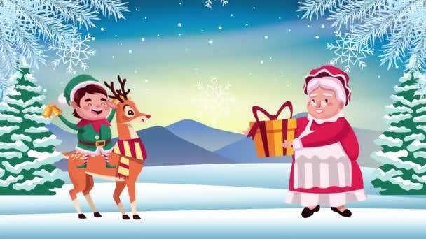 Gelukkig vrolijk kerstkaart met santa vrouw en elf in hert — Stockvideo