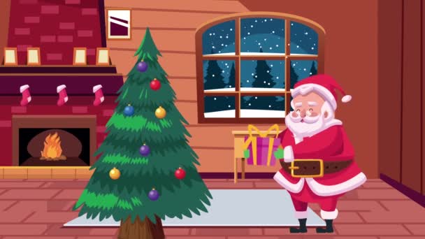 Glad god jul kort med tomte klo och tall i huset — Stockvideo