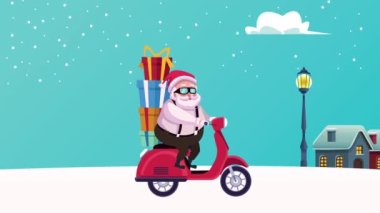 Motosikletli Noel Baba ve hediyeli mutlu noel kartları.