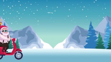 Kar manzaralı motosikletli Noel Baba 'yla mutlu noeller.