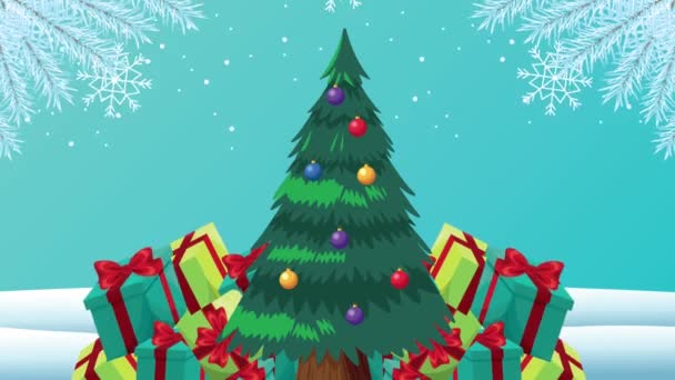 Feliz feliz tarjeta de Navidad con pino y regalos — Vídeo de stock
