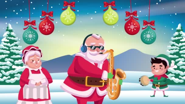 Feliz feliz tarjeta de Navidad con la familia de santa pareja y elfo — Vídeo de stock