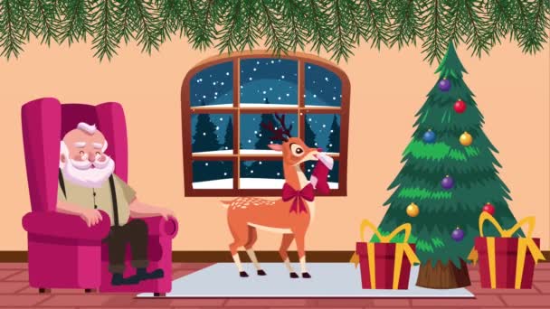 Šťastné veselé vánoční přání se Santa Clausem a jelenem v obývacím pokoji — Stock video