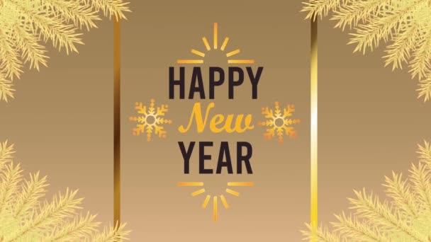 Feliz año nuevo tarjeta de letras con marco de hojas de oro y copos de nieve — Vídeo de stock