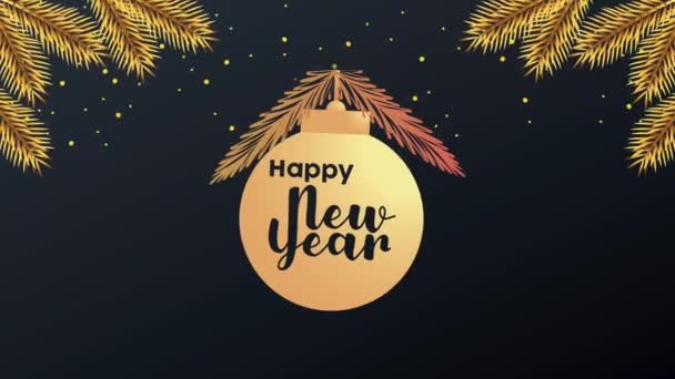 Happy new year lettering card with golden ball hanging and leafs — стоковое видео