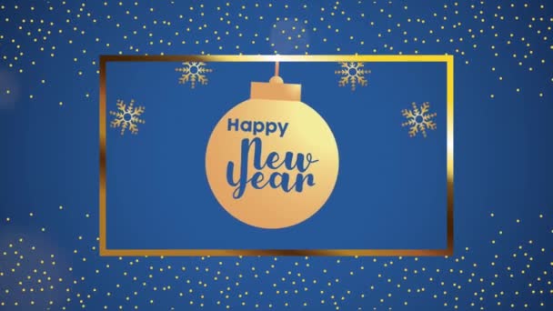 Happy new year lettering card with golden ball hanging — стоковое видео