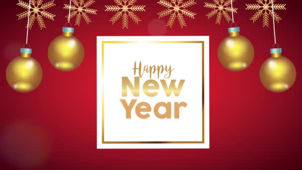 Szczęśliwego Nowego Roku kartka z liter złote kulki wiszące — Wideo stockowe
