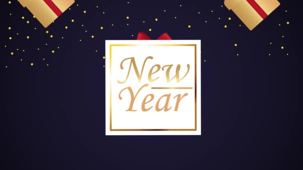 Happy new year lettering card with golden gifts presents — стоковое видео
