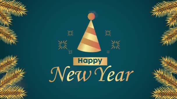 สุขสันต์วันปีใหม่ด้วยหมวกปาร์ตี้และใบสีทอง — วีดีโอสต็อก