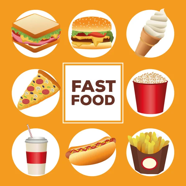 Bündel mit acht leckeren Fast-Food-Menüs und Schriftzügen — Stockvektor