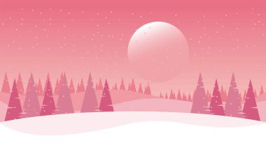 Güneşli ve çam ağaçlı güzel pembe kış manzarası