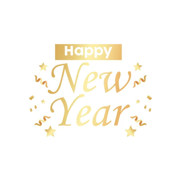 Boldog új évet arany betűk konfettivel és szalaggal — Stock Vector