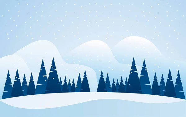 Belleza azul invierno paisaje con pinos escena — Vector de stock