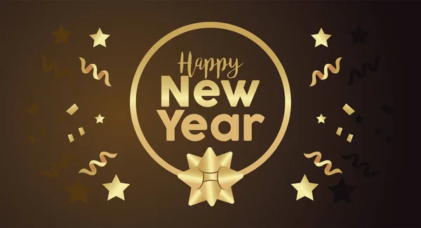 Boldog új évet arany betű konfettivel kör alakú keretben — Stock Vector