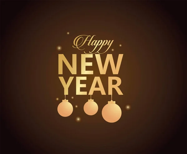 Mutlu yeni yıl altın harfleri siyah arka planda asılı toplarla — Stok Vektör