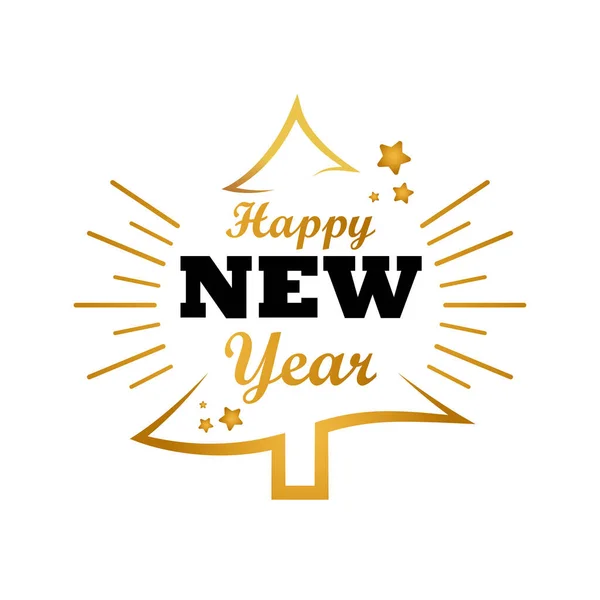 Szczęśliwego Nowego Roku kartka z literami ze złotymi gwiazdkami i choinką — Wektor stockowy