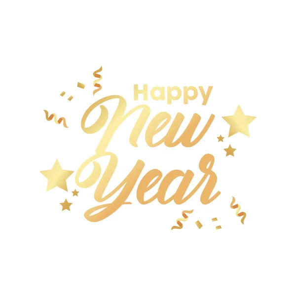 Feliz ano novo letras douradas com confete e estrelas — Vetor de Stock
