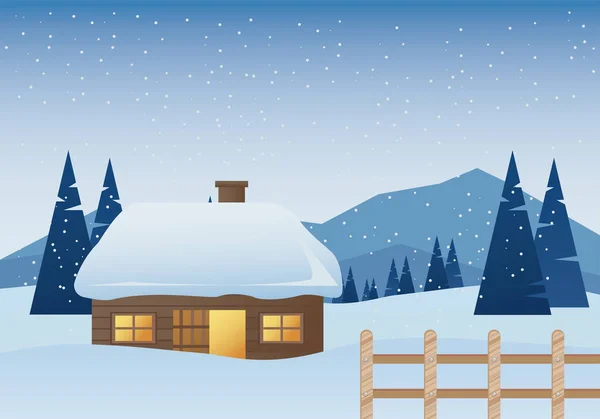 Belle maison et clôture paysage d'hiver scène — Image vectorielle