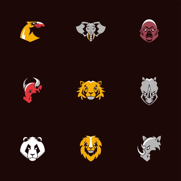 Pacote de nove cabeças animais emblemas ícones em fundo preto — Vetor de Stock