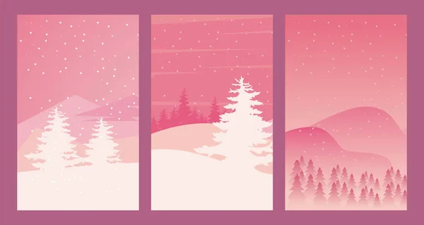 Piękno trzy różowe zimowe krajobrazy sceny — Wektor stockowy