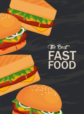 Hamburgerler ve sandviçler lezzetli fast food posterleri.