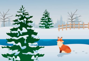 Tilki ve çamlı güzel kış manzarası